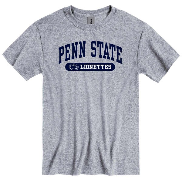 gray short sleeve t-shirt with Penn State, Athletic Logo, and Lionettes in pill shape